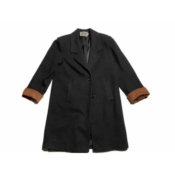 Vintage Spencer Douglas Pea Coat Black Tan Wool Long Size 10 With Shoulder Pads - Picture 1 of 6
